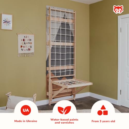 Wood And Hearts Indoor Rope Climbing Wall for Kids Active Play - Wooden Rope Wall with Sit-Up Bar & Decorative Panels for Playroom (Climbing Module 3, Sit-Up Bar) - size: Climbing Module 3