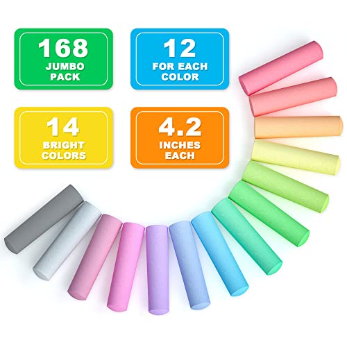 feela 168 Pack Sidewalk Chalk, Sidewalk Chalk Set For Kids Jumbo Chalk Bulk, Great for Kids Family, Paint on Sidewalk Wall School Driveway Blackboard Street Playground, 14 Colors - color: 168 pack