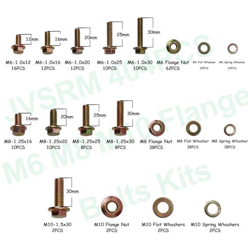 404Pcs Class 10.9 Metric Flange Bolts Kit - M6 M8 M10 (12-30mm) Serrated Hex Bolts with Nuts & Washers, Yellow Zinc, Storage Case for Light Equipment & DIY - size: 404PCS Metric Flange Bolt Kit M6~M10, Grade 10.9