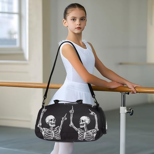 Kids Sports Duffel Bag for Boys & Girls - Funny Skull Skeletons 100% Polyester Gym Bag with Separate Shoe Compartment, Adjustable Shoulder Strap, Compact Travel & Workout Gear Bag - color: Funny Skull Skeletons