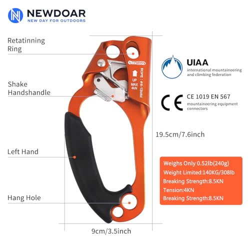 NewDoar UIAA & CE Certified Hand Ascender Rock Climbing Tree Arborist Rappelling Gear Equipment Rope Clamp for 8~13MM Rope - color: Orange-Left