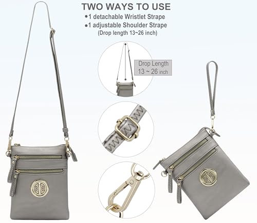 Solene Small Multi Zipper Pockets Crossbody Bag with Detachable Wristlet - color: Light Pewter