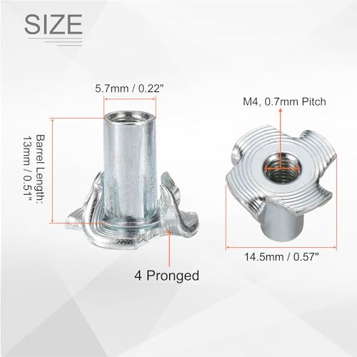 HARFINGTON M4x13mm T-Nuts 4 Pronged Tee Nut 0.57" x 0.51" Fully Thread Carbon Steel Inserts for Wood, Rock Climbing Holds, Cabinetry, Furniture 100pcs - size: M4x13mm, 14.5mm