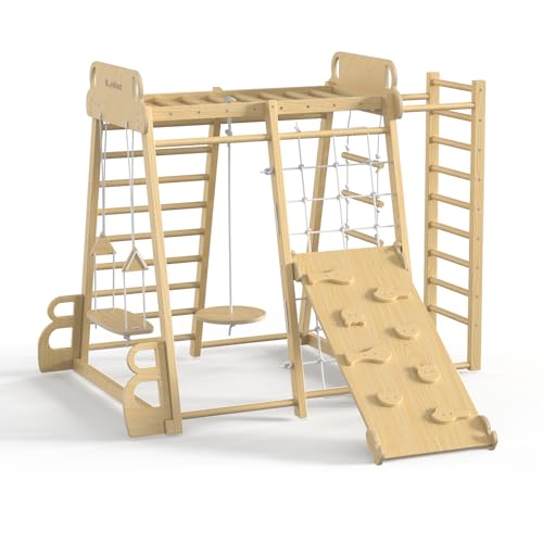 Upgraded Indoor Jungle Gym 9-in-1 Playground Kids Climbing Toys | Waldorf Style Wooden Climber Playset with Slide, Swing, Monkey Bars, Upright/Rope Ladder, Climb Net, Natural Wood - color: Natural Wood