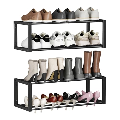 Homeiju Hanging Shoe Organizer,2 Pack Wall Mounted Shoe Rack Holds 12 Pairs,Space Saving Metal Wall Shoe Rack,Hanging Shoe Rack Shoe Holder for Small Space,Entryway,Closet,RV,Camper（Black - color: Black