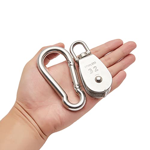 2X 304 Stainless Steel M32 Single Swivel Rope Pulley Blocks with Snap Hooks | 360° anti-twist swivel pulley. For lifting, towing & hanging wire rope on crane/outdoor. Has spring snap hooks for fast fit - size: M32-2pcs