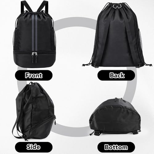 Drawstring Backpack Gym Bag, Waterproof String with Shoe Compartment, Black | 900D Oxford, Waterproof Divider, 2 Side Mesh Pockets, Adjustable Straps, 13 x 16.9 In, For Gym, Swim,Basketball,Beach