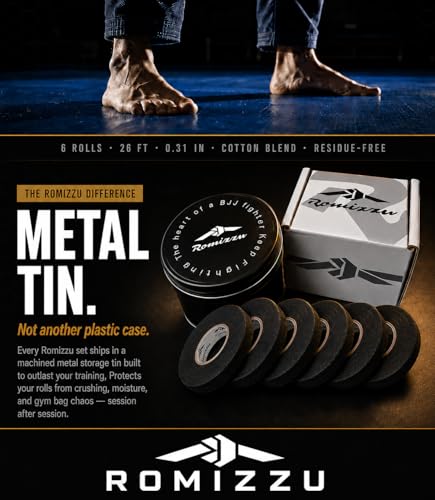 BJJ Finger Tape with Metal Storage Tin - 6 Rolls (26ft) Grappling Tape, MMA | Breathable cotton, residue-free tape offers strong finger support. Great for wrestling, rock climbing, Jiu Jitsu. 0.3in wide - color: Black