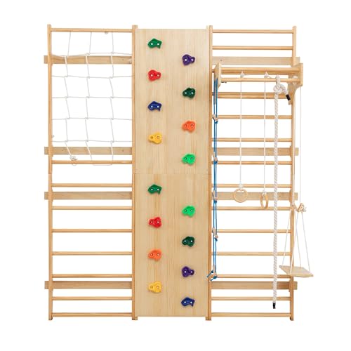 9-in-1 Indoor Climbing | All-in-One Wooden Home Playground with Rock Climbing Wall, Swings, Gymnastic Rings, Rope Ladder & More | Safe, Space-Saving Fitness & Fun for Family