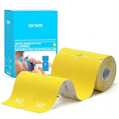 OK TAPE Precut Elastic Kinesiology Tape, 20 Strips, 2inch x 16ft, 2 Rolls | Sensitive Skin Friendly Latex Free Hypoallergenic Athletic Tape Roll for Muscle Joint Knee Waterproof Yellow - color: Yellow, size: 2 Rolls