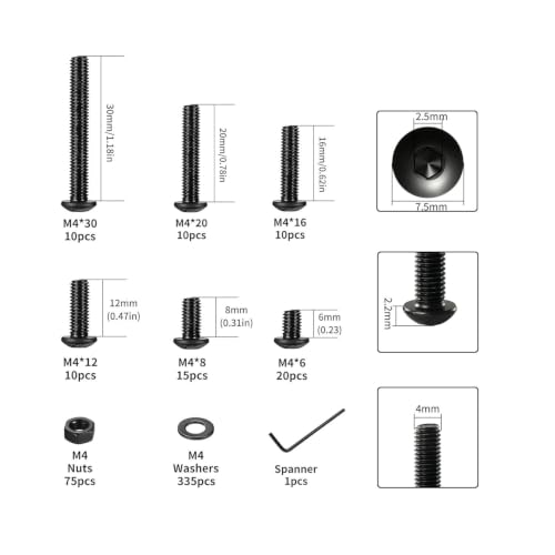 486 Pcs M4 Screws Assortment Kit, Metric Nuts and Bolts Assortment Kit, Hex Socket Button Head Cap Screw Bolts and Nuts Kits, Hex Socket Screw Set, Machine Screws Set, with Spanner(Black) - size: M4
