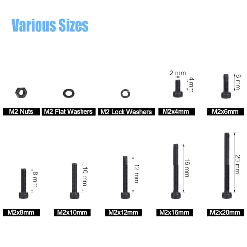 DYWISHKEY 566 Pieces M2 Black Screws, 12.9 Grade Alloy Steel M2x 4/6 /8/10 /12/16 /20mm Hex Socket Head Cap Screws Bolts Nuts Washers Assortment Kit - size: M2, style: Socket Head