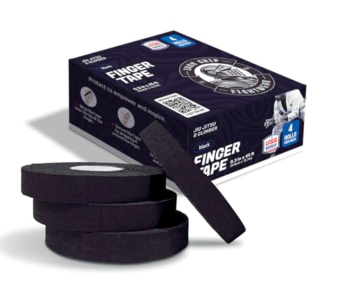 Premium Finger Tape Black (4-Rolls) 0.3 in x 45 ft | Cloth Cotton, Non-Slip, Extreme Quality Tape, No Residue | for BJJ, Judo, Grappling, MMA, Climbing, Crossfit | Hands & Toes |
