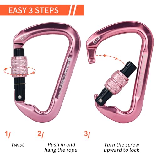 NewDoar CE Certified 30kN-6744lbs Climbing Carabiner Professional, Heavy Duty D Screwgate Clip, for Climbing,Rappelling,Hunting, Rescue - color: Screwgate/Pink/2pcs