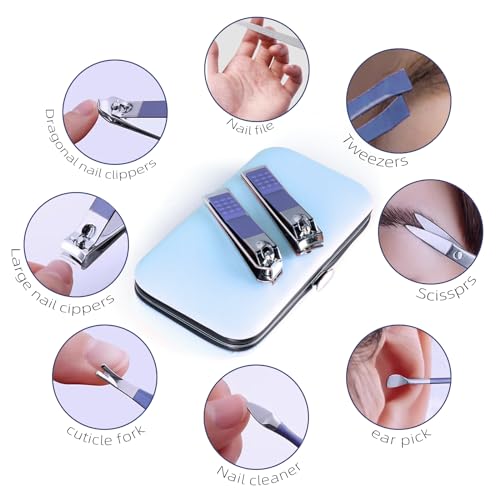 Manicure Set 8 in 1 Nail Clipper Set,RedFlow Nail Clippers,Fingernail & Toenail Clippers,Manicure Tools,Pedicure Tools,Suitable for Travel Manicure Kit,Nail Set Kit with Everything Profe (Blue) - color: Blue