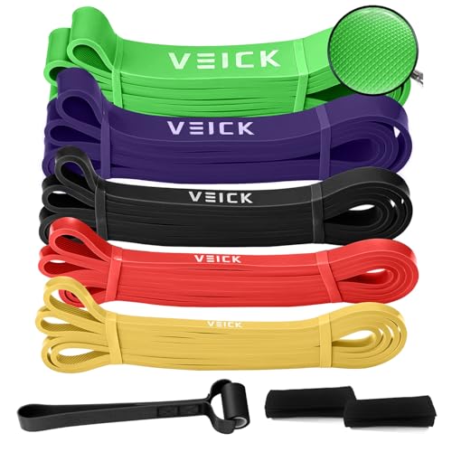 VEICK Pull Up Assist Resistance Bands for Home Gym | 100% Natural Latex, Non Slip Leather Texture, Space Saving, Versatile for Full Body Training, Home Gym - color: Colorful Set of 5 + Hand Grip Pads