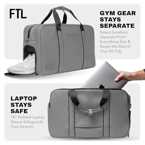 The FTL Pro Mens Travel Bag - 30L Premium Work to Gym Weekender Duffel with Garment Bag, Shoe Space & 18" Laptop Sleeve - Organized Athletic Business Carry On Hybrid, Fits Under Airplane Seat - Grey - color: Stone Grey, style: Pro