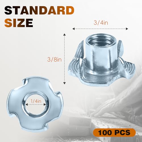 T-Nut, GudeTap 1/4"-20 T-Nuts, 4-Pronged Tee Nut (100 PCS) – Zinc Plated Steel, Rustproof, for Wood, Rock Climbing Holds, Furniture, Cabinetry - color: Zinc Plated Steel