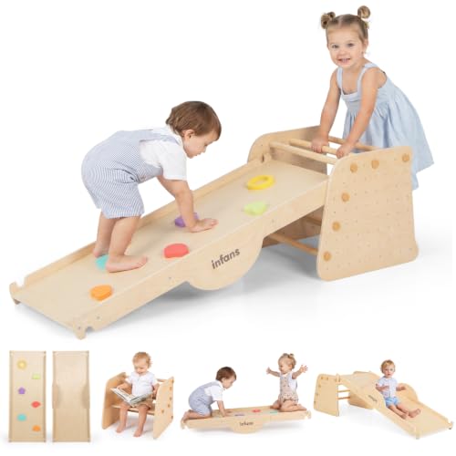 INFANS 7 in 1 Climbing Toys for Toddlers, Upgrade Wooden Montessori Cube Climber Set with Reversible Ramp Slide Ladder Seesaw, Indoor Pikler Climb Activity Jungle Gym Present for Kids Age 3+ - style: 7 in 1