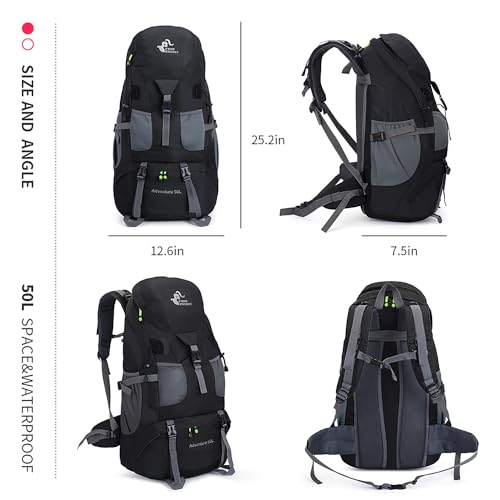 Bseash 50L Hiking Backpack, Water Resistant Lightweight Outdoor Sport Daypack Travel Bag for Camping Climbing Skiing Cycling (Black - No Shoe Compartment) - color: Black - No Shoe Compartment