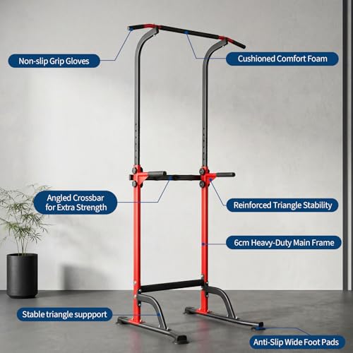 Power Tower Pull Up Bar Station - 330 LBS Stable Multi-Function Gym Dip Station for Home Strength Training Equipment - 10 Adjustable Heights Heavy Duty Pull-Up Tower with h-Shaped Base & Push-Up - color: Red
