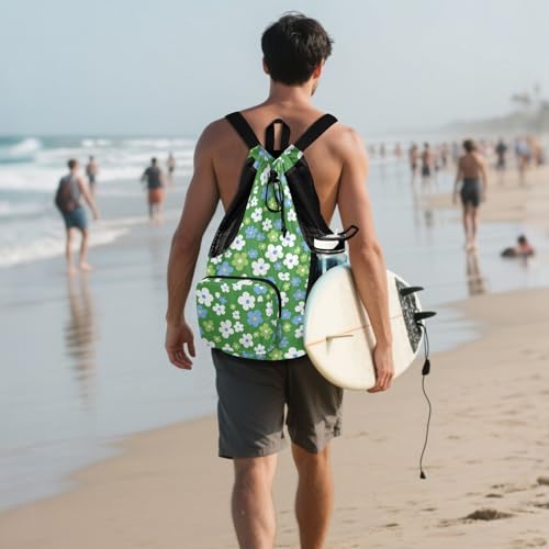 Drawstring Bags Climbing Gym Bag With Water Bottle Holder Cinch Sacks Dry Wet Separation Green White and Blue Flowers