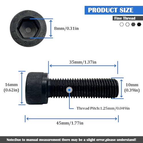 M10-1.25 x 35mm Socket Head Cap Screws Bolts,12.9 Grade Carbon Steel Hex Socket Cap Cup Fine Thread Screws Bolts,Black Oxide Finish(4Pcs) - size: M10-1.25 x 35mm