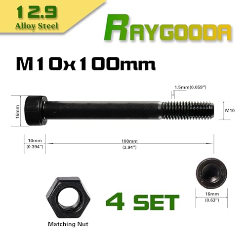 M10-1.5x100 Socket Head Cap Screw and Nut Kit 4set, Grade 12.9 Alloy Steel, Black Oxide Finish, Partially Thread, High Tensile Strength for Automotive, Machinery & Heavy Duty Use - size: M10x100mm(4 Sets）