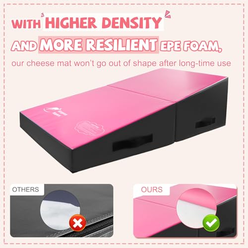 Kangaroo Hoppers Gymnastics Cheese Wedge Mat for Kids Ages 1-12 | 3 Sizes Folding Incline Mat with High-Density EPE Foam and Removable PVC Leather Cover, Home Gym Training Equipment - color: Black/Hot Pink, size: 34" x 24" x 13"