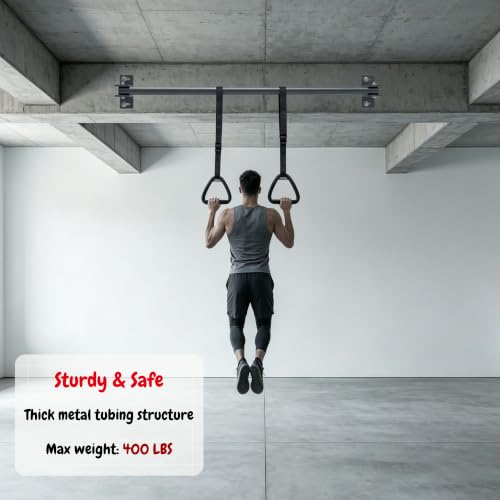 48'' Joist Mounted Pull Up Bar with Gym Rings Wall Studs Mount Chin Up Bar for Ceiling, Beams, Doorway & Corner Mount Heavy Duty Pull-up Grips for Home Gym Strength Training – Patent Pending