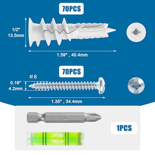 LEYU 140PCS Self Drilling Drywall Anchors and Screws Kit #8 x 1-1/4”, Heavy Duty Sheetrock Anchors for Hanging Shelves,Picture Frames,Curtains, No Pre-Drilling, Plastic Dry Wall Anchors