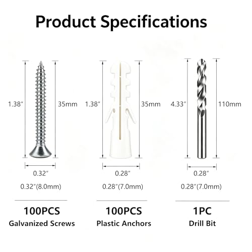 200Pcs Drywall Anchors and Screws Kit, 100Pcs Ribbed Plastic Wall Anchors with 100Pcs 1-2/5" Screws & Drill Bit, Heavy Duty Anchors for Hanging Pictures, Shelves, Home Mounting - size: 1-2/5 inch