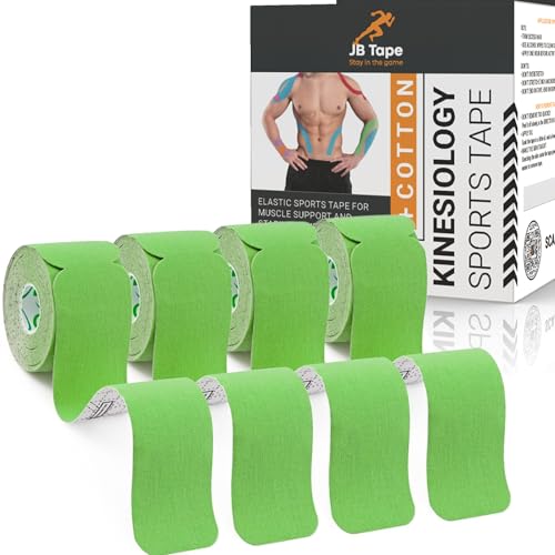 JB Tape Kinesiology Tape, 80 Precut Strips, Green, Latex‑Free, 4 Rolls | 80 Precut Strips, 10-Inch Strips, 4 Rolls - color: Kelly Green