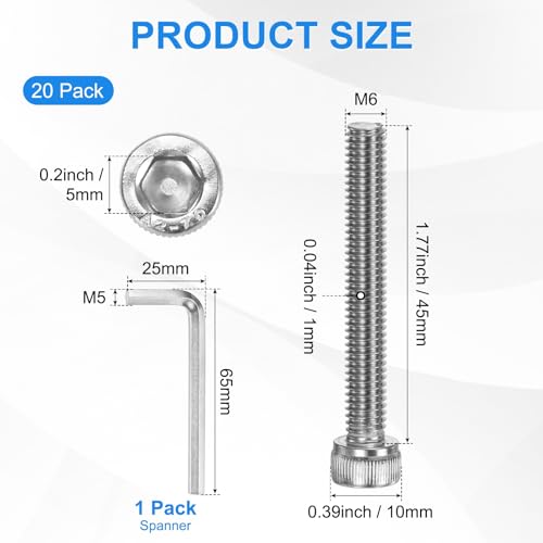 M METERXITY 20-Pack M6 x 45mm Socket Head Cap Screws, 304 Stainless Steel Hex Machine Bolts, Allen Socket Drive Screw with Hex Wrench for Repair/DIY, Fully Threaded Fasteners Kit [Silver] - size: M6 x 45mm