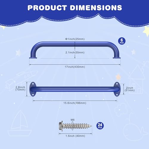 Dolibest 6 Pack 17 Inch Playground Handles, Metal Monkey Bars Indoor & Outdoor, Heavy Duty Ceiling Grab Bars & Wider Base for Climbing Frames, Treehouses, Swing Sets, Wall Ladders & Bunk Beds –Blue - color: ‎blue 2- 17 Inch-6pcs