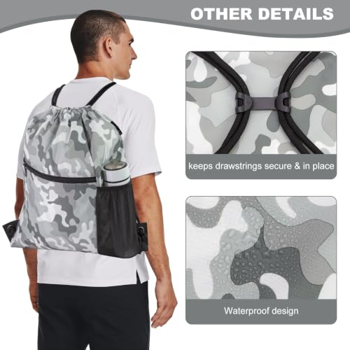 HOLYLUCK Men & Women Outdoor Sport Gym Sack Waterproof Drawstring Backpack Bag (Standard With Drawstring, Grey Camo) - color: Grey Camo, style: Standard With Drawstring