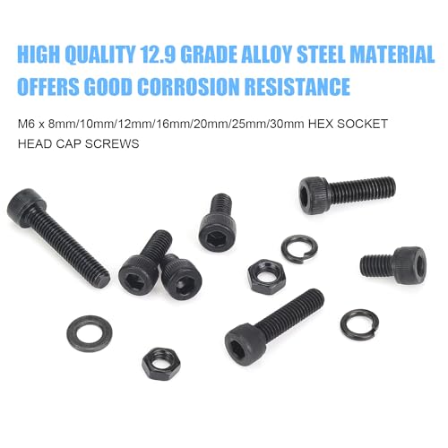 DYWISHKEY 127 Pieces M6 Black Screws, 12.9 Grade Alloy Steel M6x 8/10 /12/16 /20/25 /30mm Hex Socket Head Cap Screws Bolts Nuts Washers Assortment Kit - size: M6, style: Socket Head