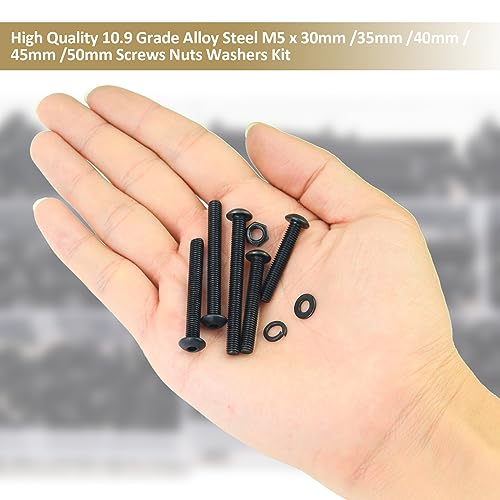202 Pieces Black M5 x 30/35 /40/45 /50 mm Button Head Socket Cap Screws Nuts Washers Assortment Kit, 10.9 Grade Alloy Steel - size: M5 x 30/35/40/45/50mm, style: Button Head