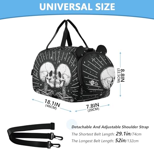 Kids Sports Duffel Bag for Boys & Girls - Two Skeletons Skull Heart 100% Polyester Gym Bag with Separate Shoe Compartment, Adjustable Shoulder Strap, Compact Travel & Workout Gear Bag - color: Two Skeletons Skull Heart
