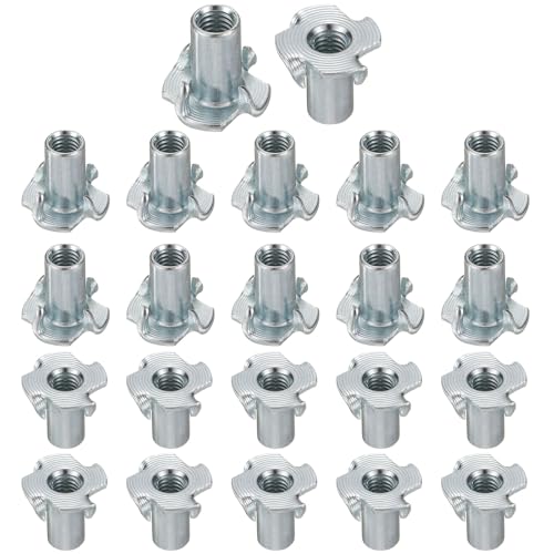 HARFINGTON M6x16mm T-Nuts 4 Pronged Tee Nut 0.69" x 0.63" Fully Thread Carbon Steel Inserts for Wood, Rock Climbing Holds, Cabinetry, Furniture 100pcs - size: M6x16mm, 17.5mm
