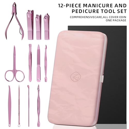 Manicure Set, Stainless Steel Nail Clipper Set with Travel Case | 12-Piece Set with Thicker Steel, Precision-ground Cutting Edges, and Smooth-finished Tools for Clean, Precise Trimming. - color: Rose Purple