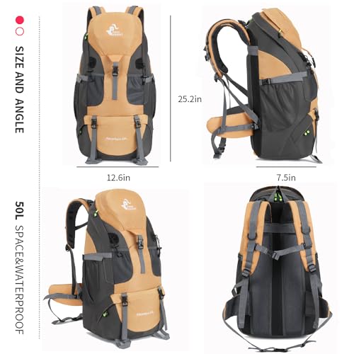 Bseash 50L Hiking Backpack, Water Resistant Lightweight Outdoor Sport Daypack Travel Bag for Camping Climbing Skiing Cycling (Gold - With Shoe Compartment) - color: Gold - With Shoe Compartment