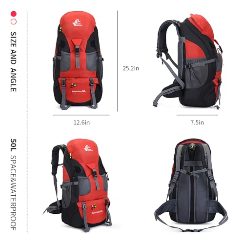 Bseash 50L Hiking Backpack, Water Resistant Lightweight Outdoor Sport Daypack Travel Bag for Camping Climbing Skiing Cycling (Red - No Shoe Compartment) - color: Red - No Shoe Compartment