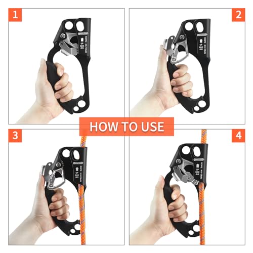 UIAA & CE Certified Hand Ascender Rock Climbing Tree Arborist Rappelling Gear Equipment Rope Clamp for 8~13MM Rope - color: Left Hand Black