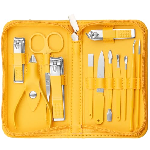 Manicure Pedicure Set - Nail Clippers Toenail Clippers Kit,Professional Manicure Kit Pedicure Kit,Nail Care Kit with,Travel Case, Set of 12 - color: Yellow