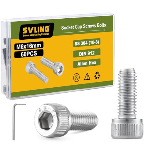 M6-1.0 x 16mm Bolt, 60PCS M6 Hex Socket Head Cap Screws Bolts, 304 Stainless Steel 18-8, Full Threads, Allen Socket Drive, with Hex Spanner - size: M6x16mm