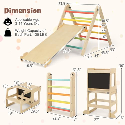 HONEY JOY 7 in 1 Climbing Toys for Toddlers, Convertible Kids Step Stool/Table & Chair/Chalkboard, Folding Triangle Climber w/Ramp, Montessori Kitchen Stool Tower for Learning w/Safety Rail (Colorful)