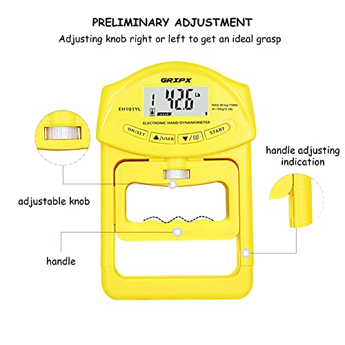 Digital Hand Dynamometer Grip Strength Measurement Meter Auto Capturing Electronic Hand Grip Power 198Lbs / 90Kgs - color: Yellow
