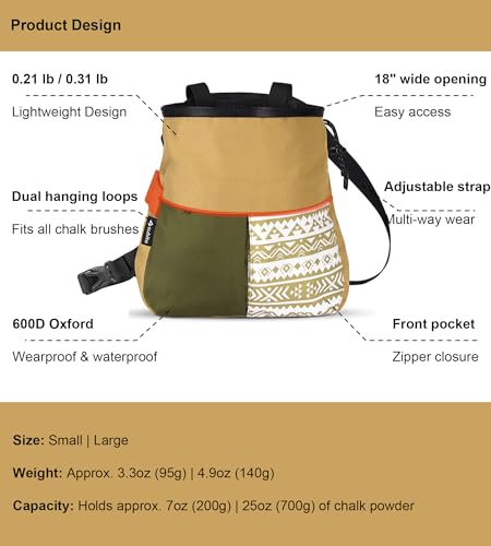 Climbing Chalk Bag, Large Capacity Rock Climbing Chalk Bag for Bouldering, Weightlifting, Gym, Disc Golf & Wall Climbing, Durable Bouldering Chalk Bucket - color: Khaki, size: Large