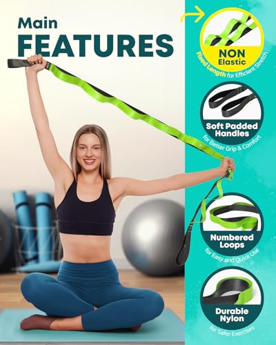 Stretching Strap with Loops - Non Elastic Stretch Band for Physical Therapy, Yoga Strap for Stretching Equipment, Stretch Bands for Exercise and Flexibility - Fascia, Hamstring & Leg Stretcher Belt - style: 12 Loops - Green